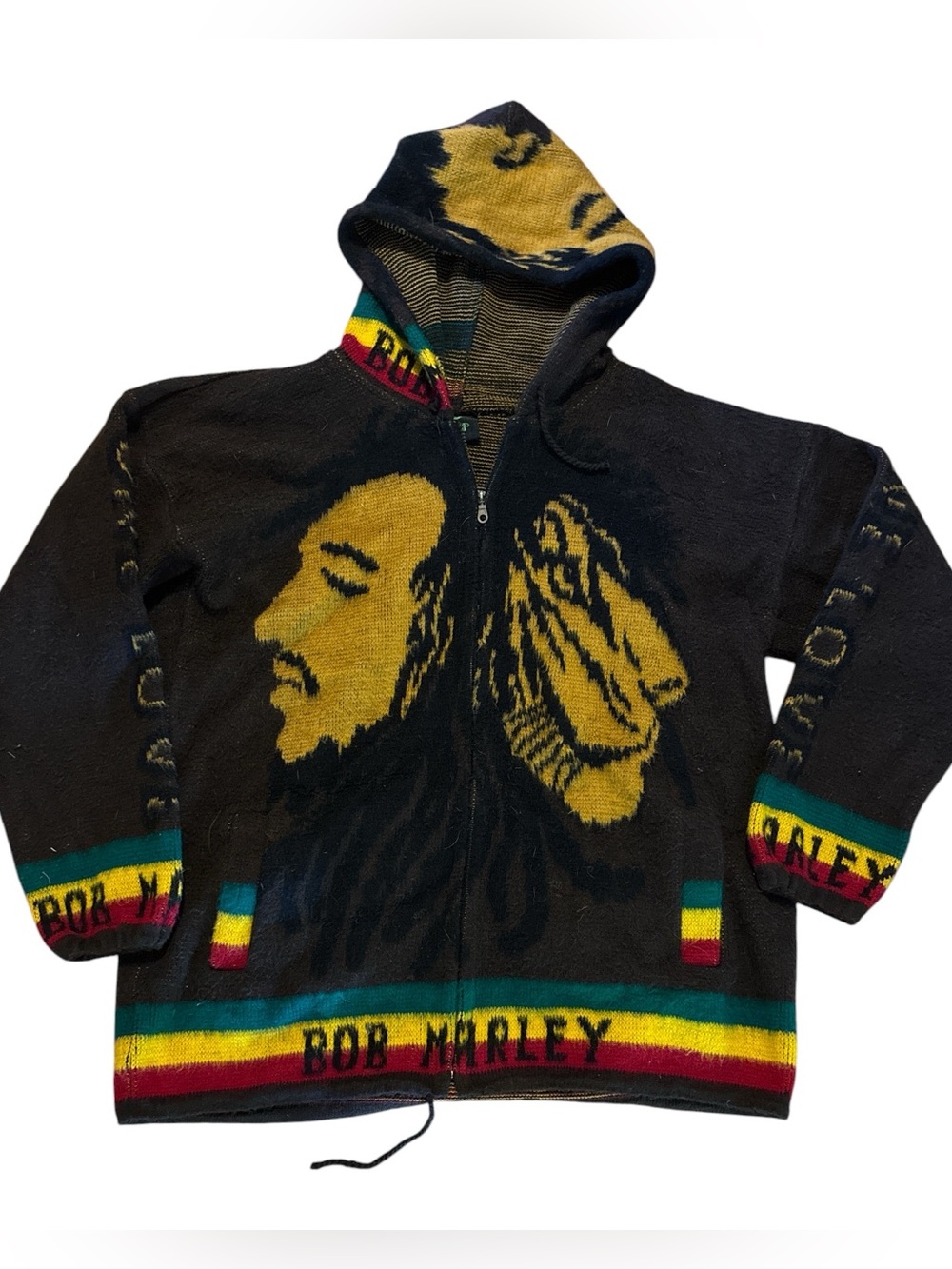 CCH Imports  Dark Brown Hooded Zip Sweater Gold Bob Marley and Rasta Trim Wool